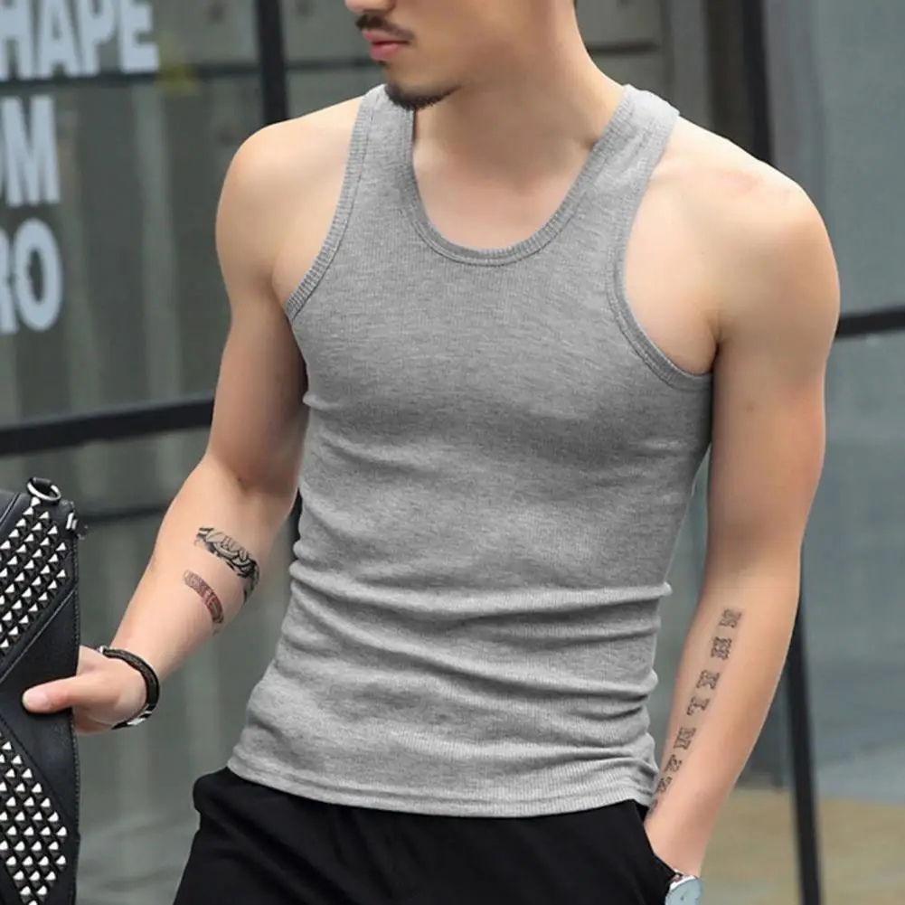 Men Tank Top Slim Fit Fitness Gym Workout Undershirt Summer O-neck Tank Tops Solid Color Undershirt Bodybuilding Running Vest