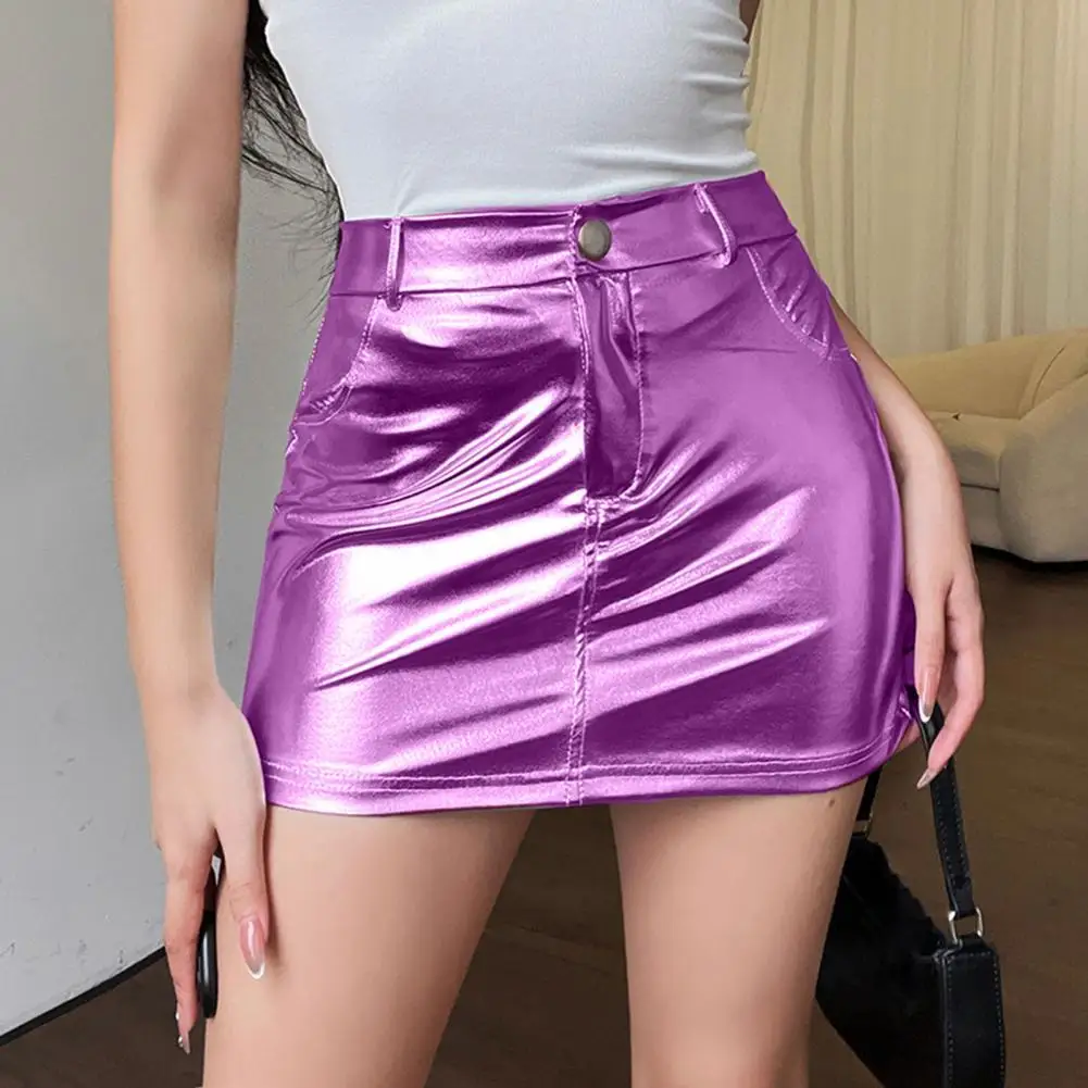 Women Short Skirt Glossy High Waist Mini Skirt for Women Button Zipper Fly Design Solid Color Nightclub Skirt Hip Wrapped Style