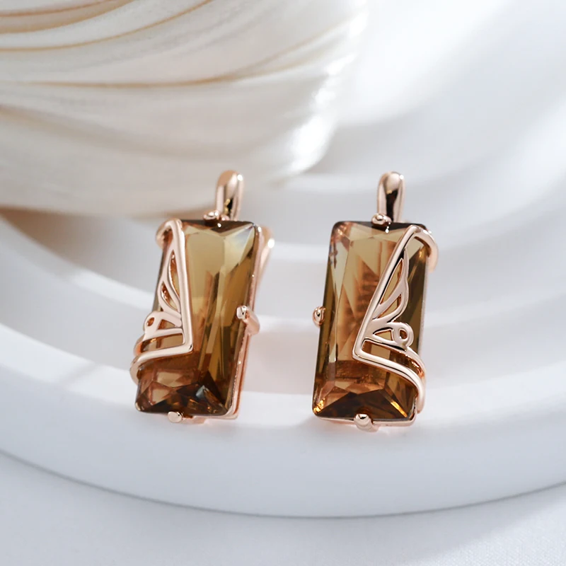 Kinel Fashion Light Brown Natural Zircon English Earrings for Women Simple Square 585 Rose Gold Color High Quality Daily Jewelry