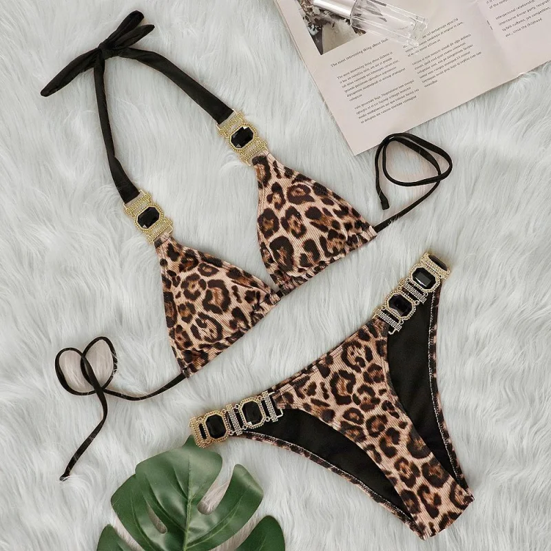 

Bikini Swimsuit for Women Vacation Sexy Leopard Print Diamond Low Waist Gathered Two-Piece Swimsuit
