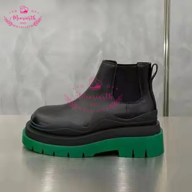 Meariasth damskie buty do kostki ze skóry naturalnej jesienno-zimowe masywne platformy Chelsea Boots mody w stylu brytyjskim damskie krótkie buty