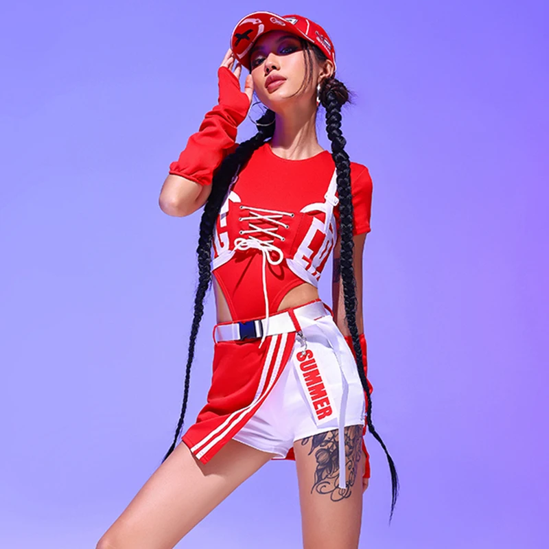 Nightclub Gogo Dance Costume Women Kpop Jazz Dance Performance Clothes Red Hip Hop Suit Drag Queen DJ Clothing Stage Wear L13488