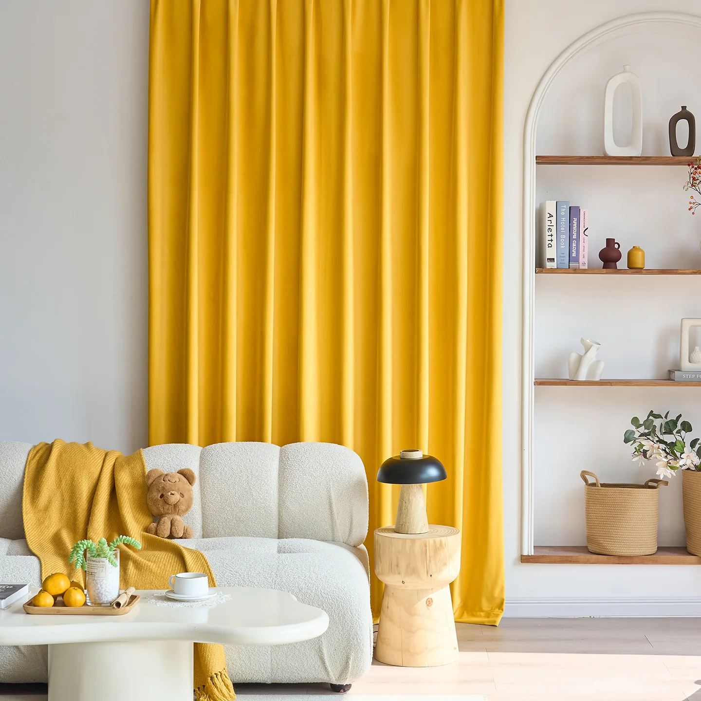 French Retro Lemon Yellow Premium Velvet Curtains for Living Room Bedroom Balcony Partition Curtains Customized Bay Windows