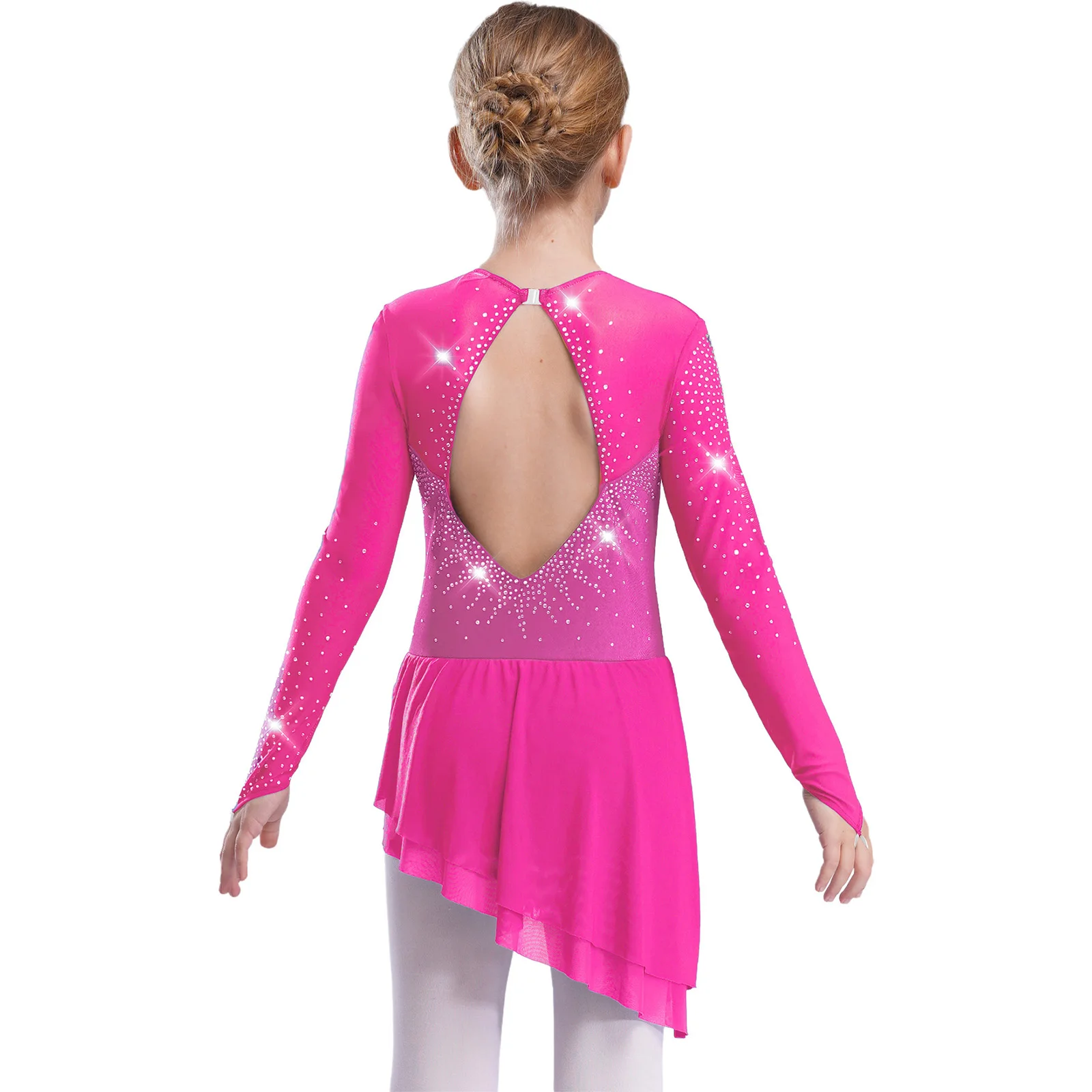 Mädchen Gymnastik Eiskunstlauf Modernes Ballett-Trikot Lyrisches Tanzkostüm Transparentes Netz Glitzernde Strass-Leotards Kleid – Detail 19