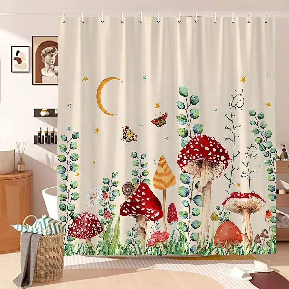 Mushroom Shower Curtain Retro Butterfly Floral Boho Moon Botanical Wildflowers Green Plant Aesthetic Bath Curtain Bathroom Decor