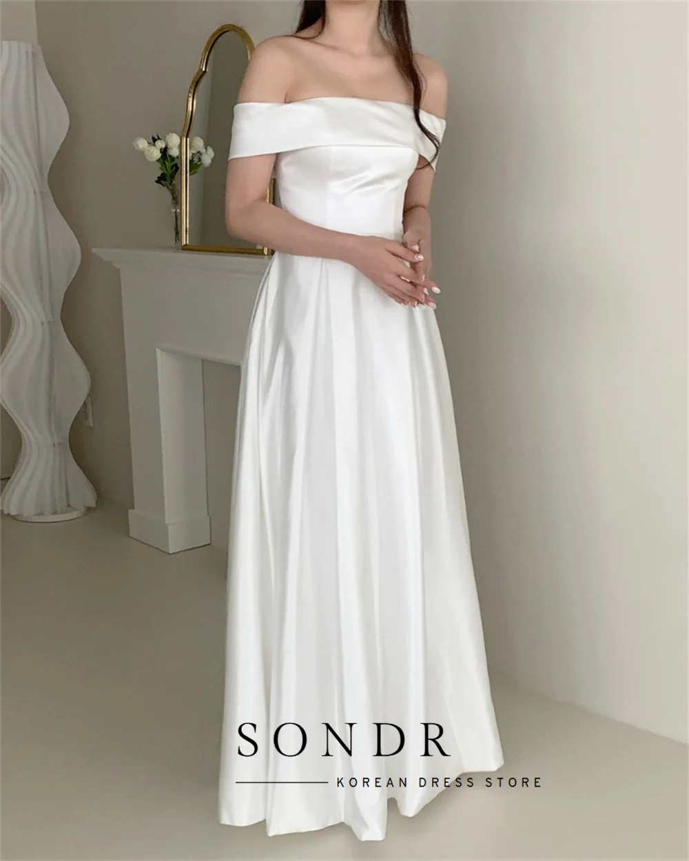 Sondr U-Boot-Ausschnitt, koreanische Brautkleider, elegantes, bodenlanges A-Linien-Abschlussball-Partykleid, Korsett-Rücken, maßgeschneidertes Satin-Abendkleid