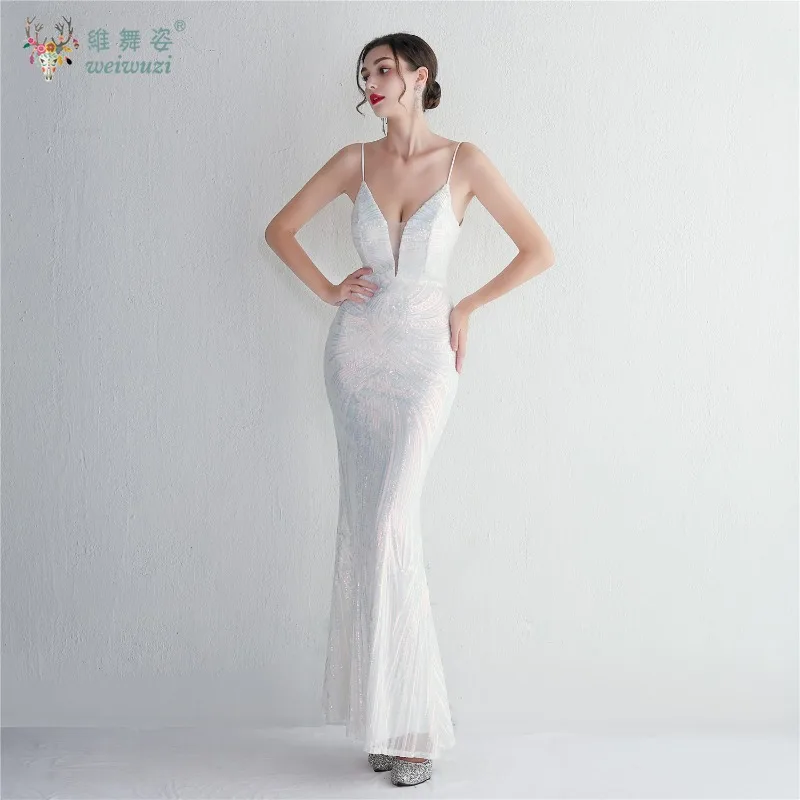 

Deep V Backless Sexy Fishtail Skirt Positioning Flower New Evening Sequin Banquet Slim Fit Evening Dress Elegant Temperament