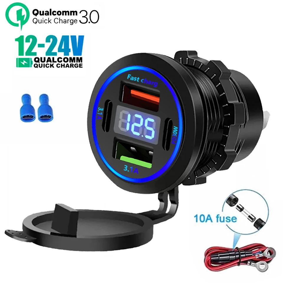 83W Motorrad-Autoladegerät mit PD30W Schnellladung, 4 USB-Anschlüssen, Typ-C-Steckdose, Telefon-Netzteil mit Voltmeter und LED-Licht – Detail 1