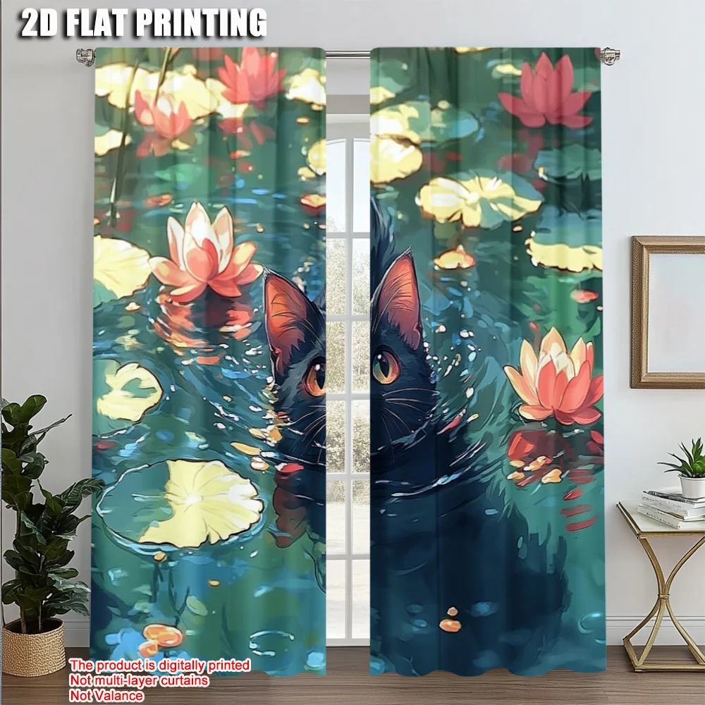 

2pcs, Fashionable Curtains 2D print Swiming Cat Versatile Polyester Fabric (without rod) Room Decor Use for Bedroom, Living