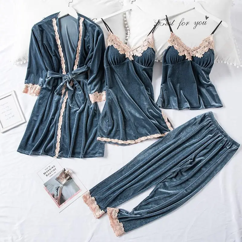 Velour Woman Pajamas Set Home Wear Strap Top Pants Sleepwear Suit Nightgown Sexy Lace Kimono Sleep Robe Bath Gown Nightdress