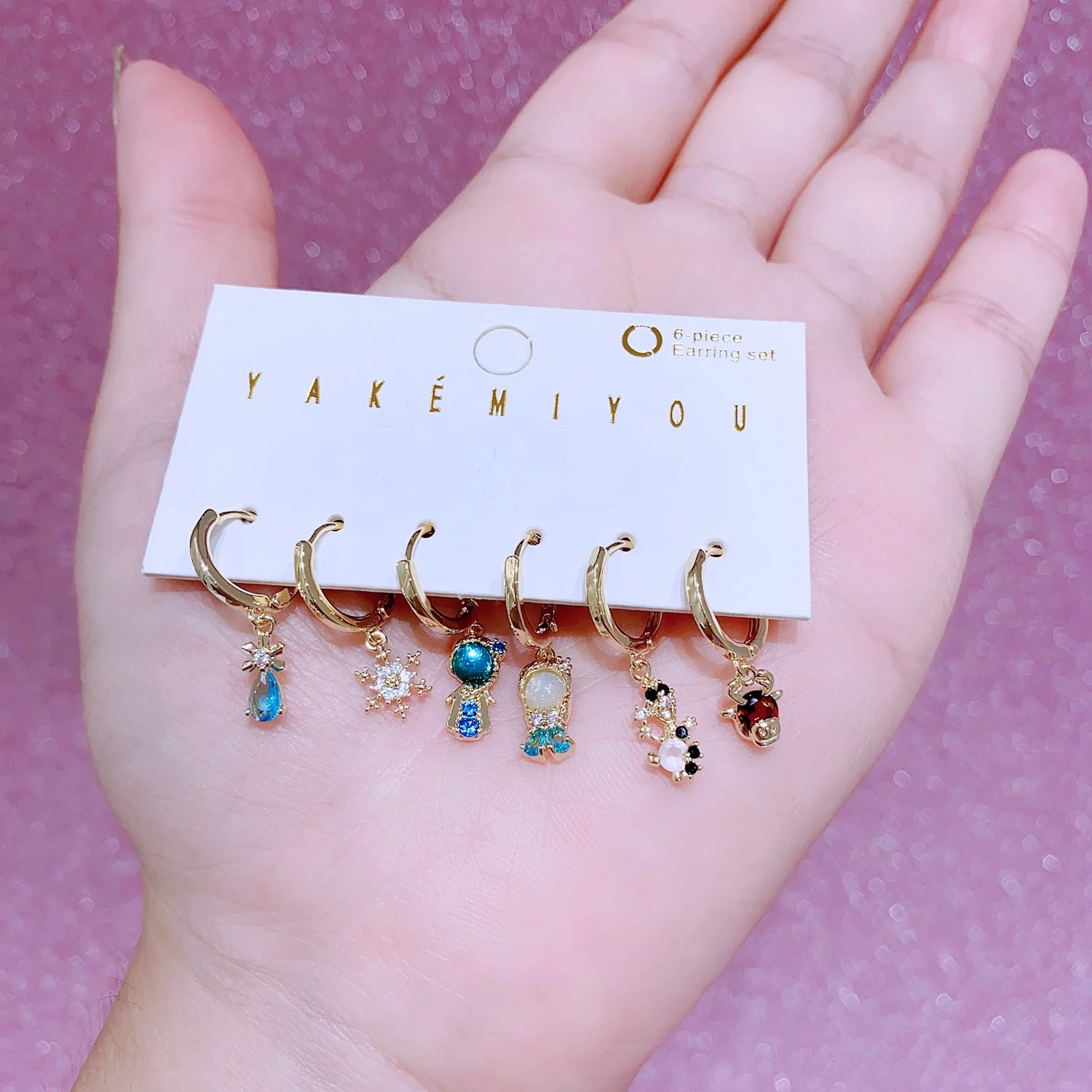 MIGGA 6pcs Fairy Tales Frozen Princess Dangle Earrings Set Gold Plated Huggie Earrings Women Jewelry