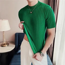 Men Short Sleeve T-Shirt Knitted Pullover 2024 Summer High Elastic Solid Casual Stripe Slim Fit Half High Collar Knit Sweater