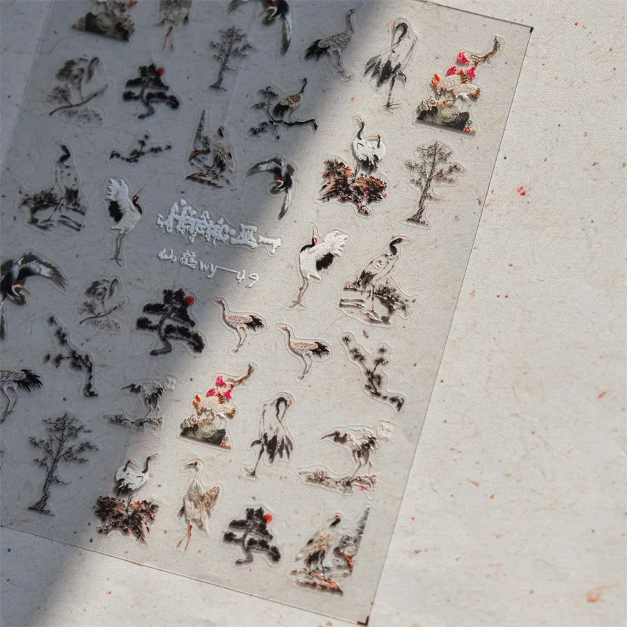 Magpie Branch Bird Peach Blossom Pink Flowers Petal Charming Blue Butterfly 5D Nail Art Sticker Soft Adhesive Manicure Decal DIY