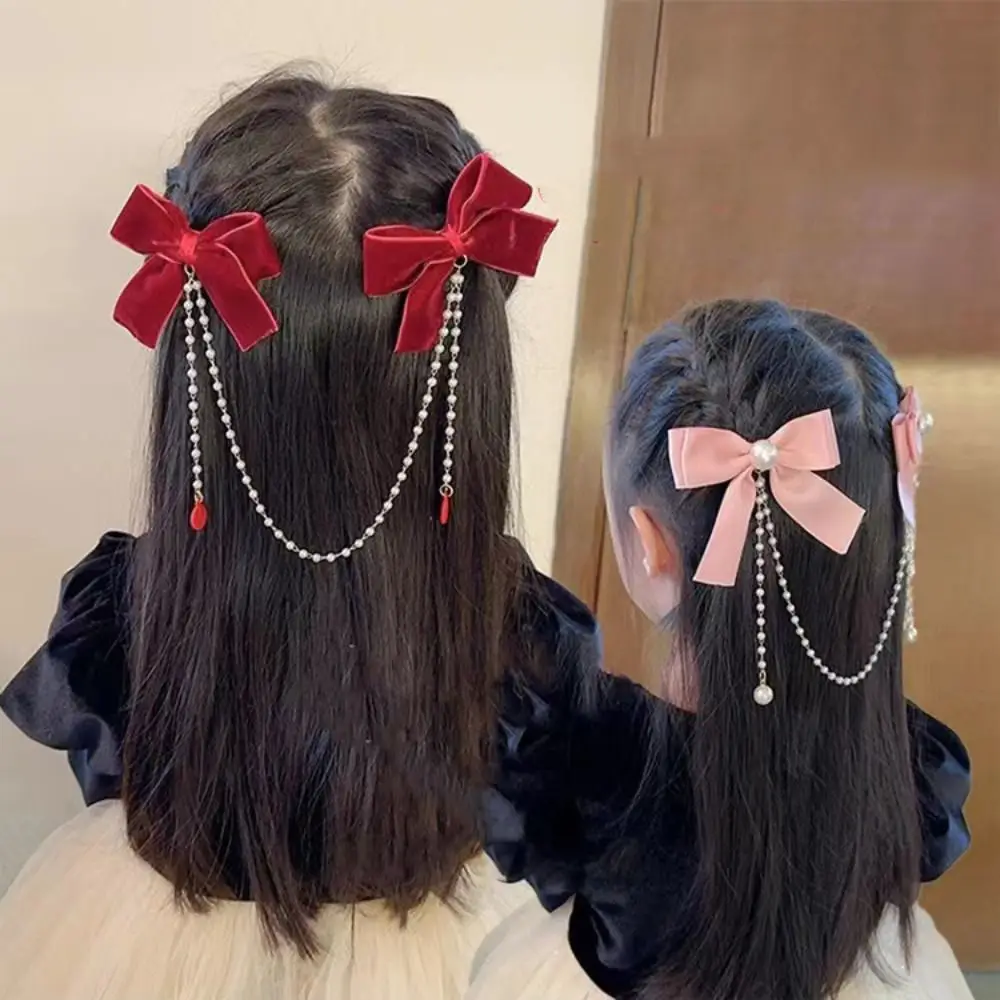 Tassel Bowknot Hair Clip Hair Side Clip Pearl Chain Bow Tassel Hairpin Headwear Korean Style Ribbon Bow Barrettes Party