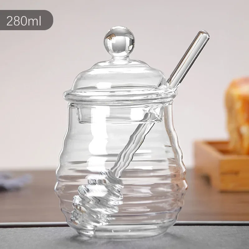 Glass Honey Jar Clear Glass Honey Pot with Dipper Spoon Small Kitchen Storage Bottle Jar Honey Server Container for Syrup