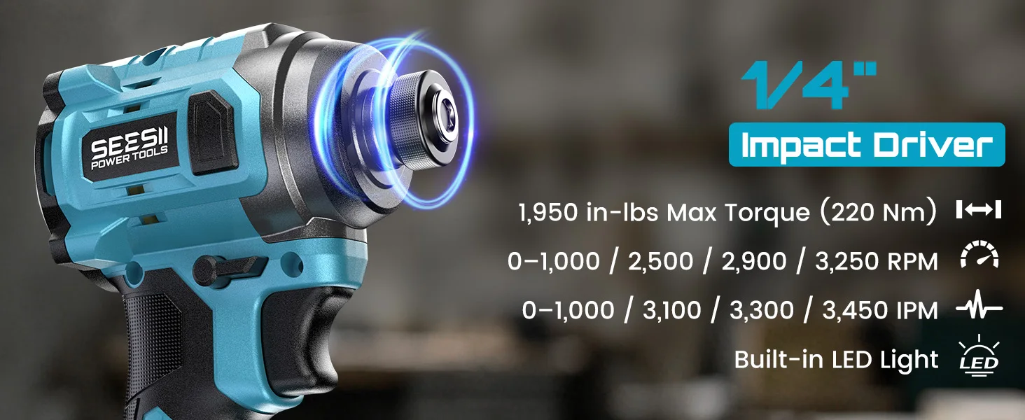 SEESII 3/8'' Drill & 1/4'' Impact Driver 21V Cordless Electric Brushless Drill Impact Wrench Variable Speed Screwdriver Battery Powered Tool Kit with 2x4.0Ah Batteries LED Light