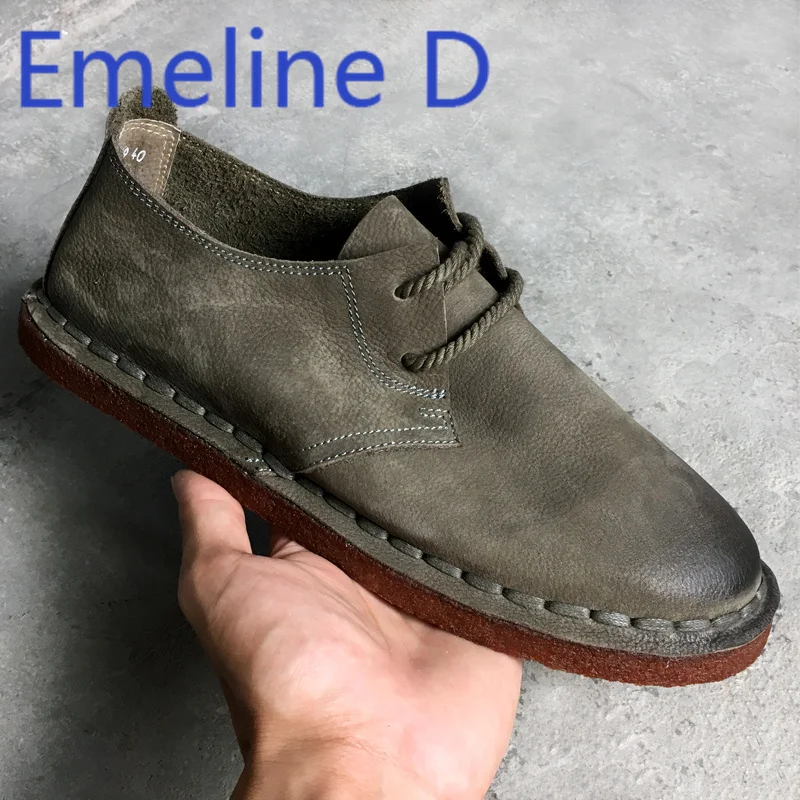 Handmade Retro Big Head Men's Shoes with Lace Up Round Toe Cowhide Soft Sole Breathable Casual Single-Layer Leather Shoes