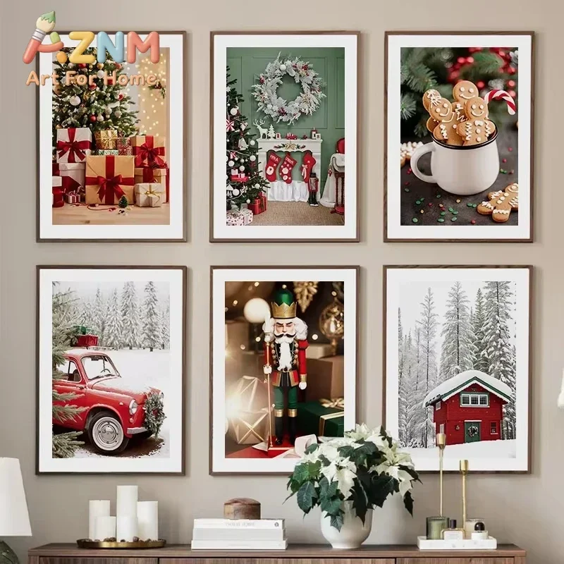 Christmas Biscuits Gift Red Car King Character Mural Oil Painting Nordic Living Room Decoration Poster and Print Wall Painting
