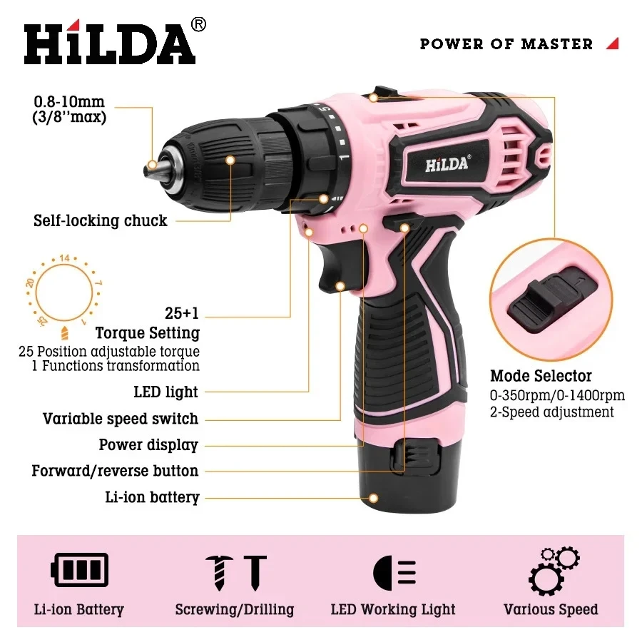 HILDA Electric Drill 12V Cordless Drill Electric Screwdriver Mini Wireless Power Driver DC Lithium-Ion Battery