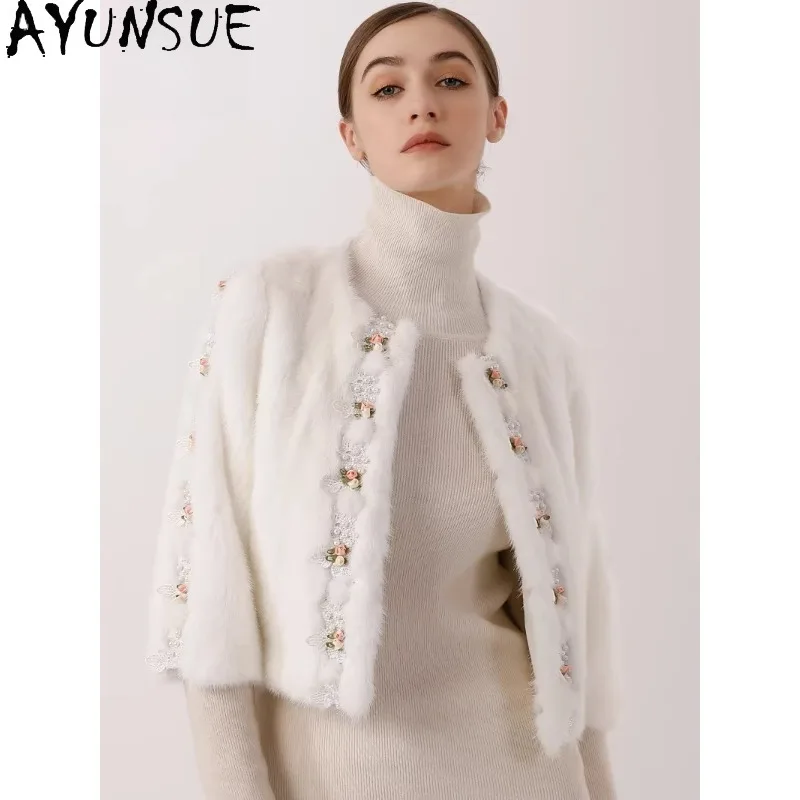 

AYUNSUE Фиолетовая этикетка Норковая шуба Женская шуба без воротника Короткая верхняя одежда Цельные норковые шубы Женская одежда Роскошная 신상아우터