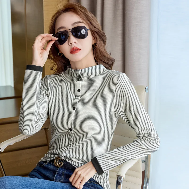 New T Shirt Women Striped Long Sleeve Turtleneck Autumn Winter T-shirts Buttons Casual Female Tops Tees Classic Basic Tshirt