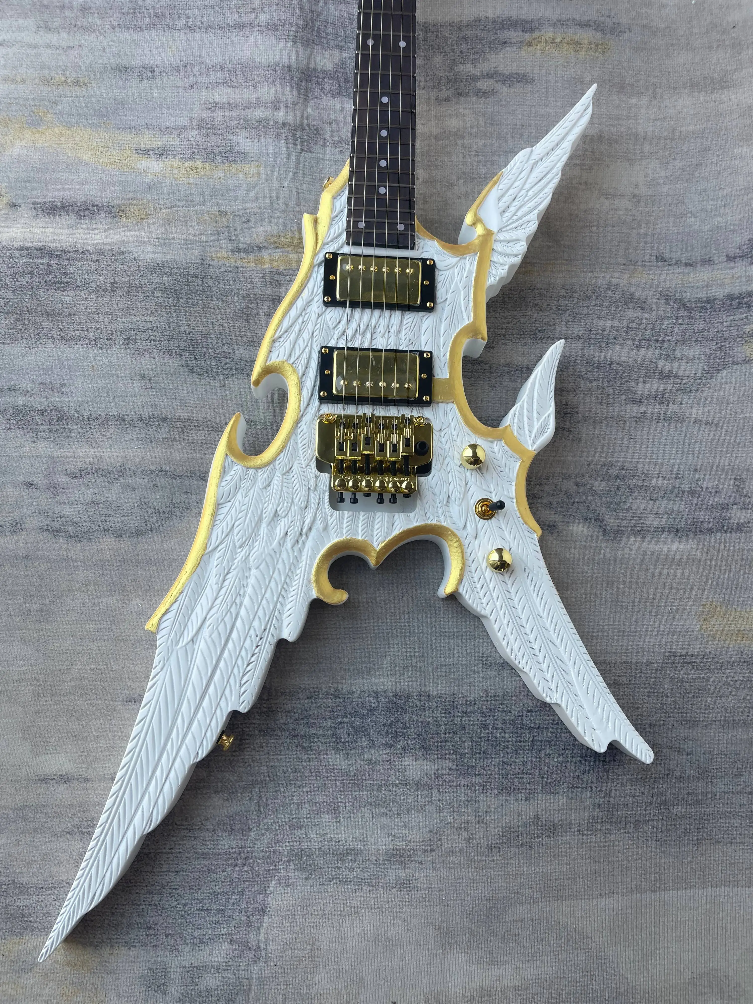 6 String Wing Carved Irregular V Shape Electric Guitar White Gold Trim HH Humbuckers Double Lock Tremolo Metal Free Delivery