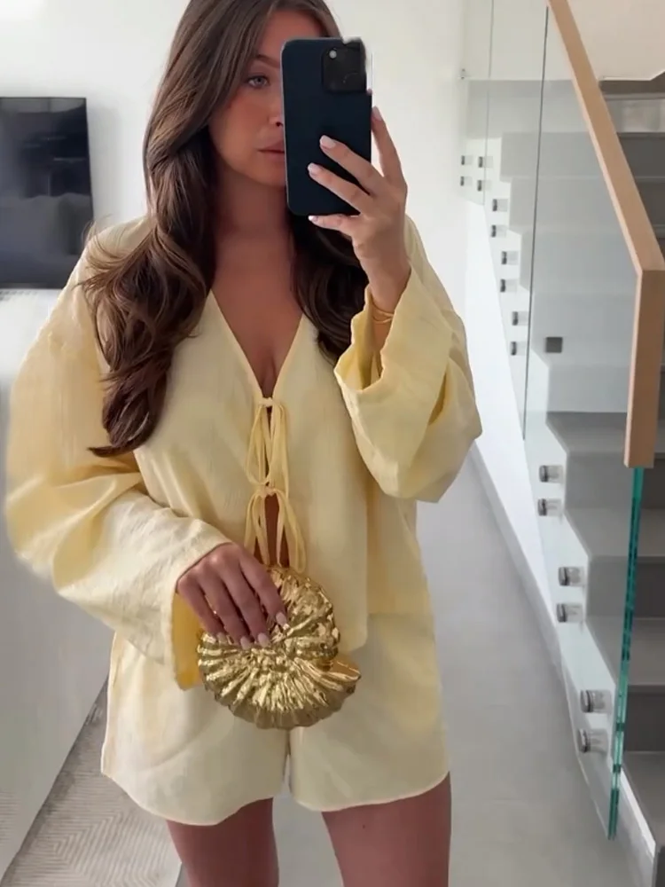 

HH женский летний комплект с v-образным вырезом, уютный комплект с эффектом морщин, топ на шнуровке с длинными рукавами и v-образным вырезом + шикарный костюм с карманами и шнурком с высокой талией