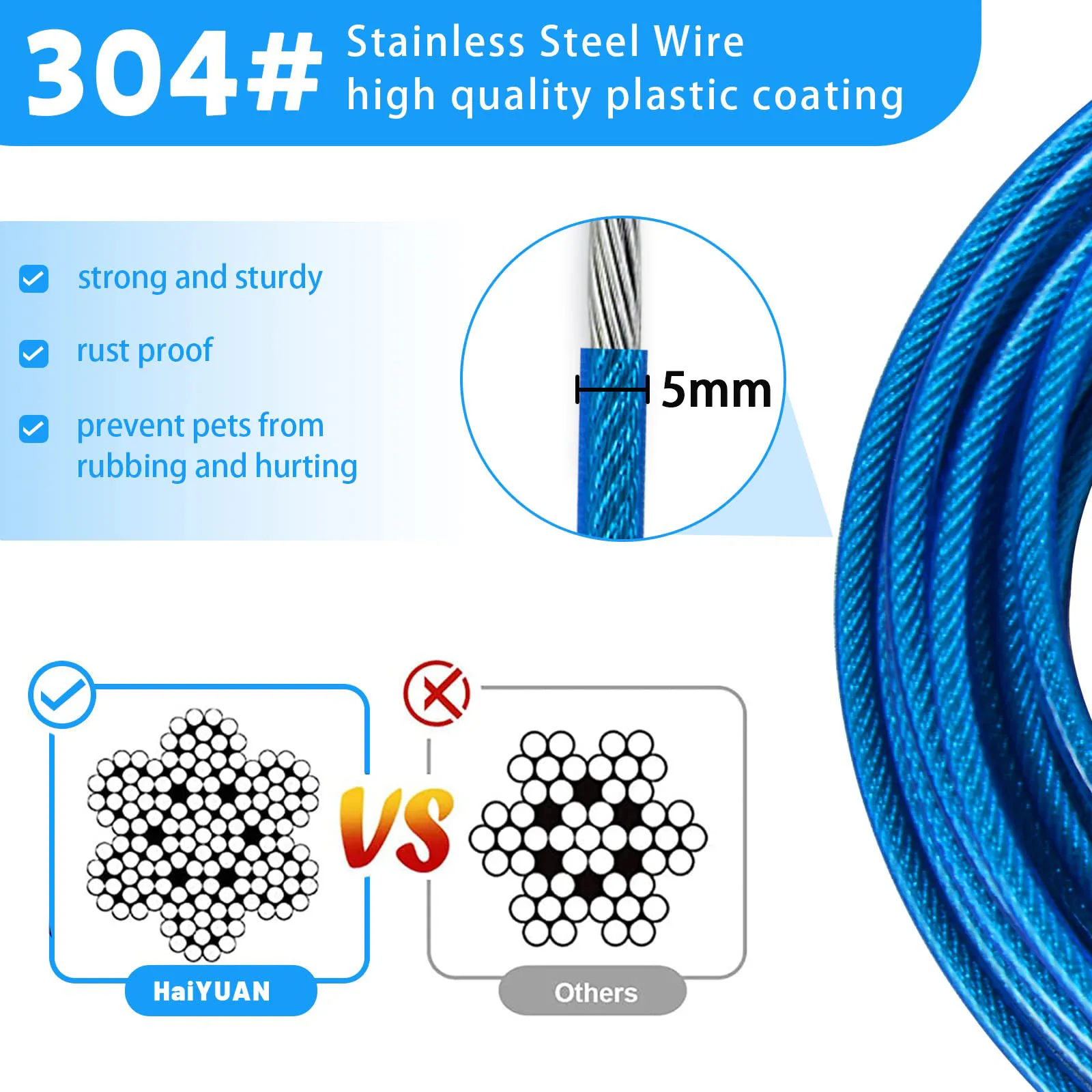 5m Reflective Tie Out Cable for Dogs,Steel Wire Lead Leash Cable with Stainless Dual Fix Buckle,Dog Chains for Outside,Yard