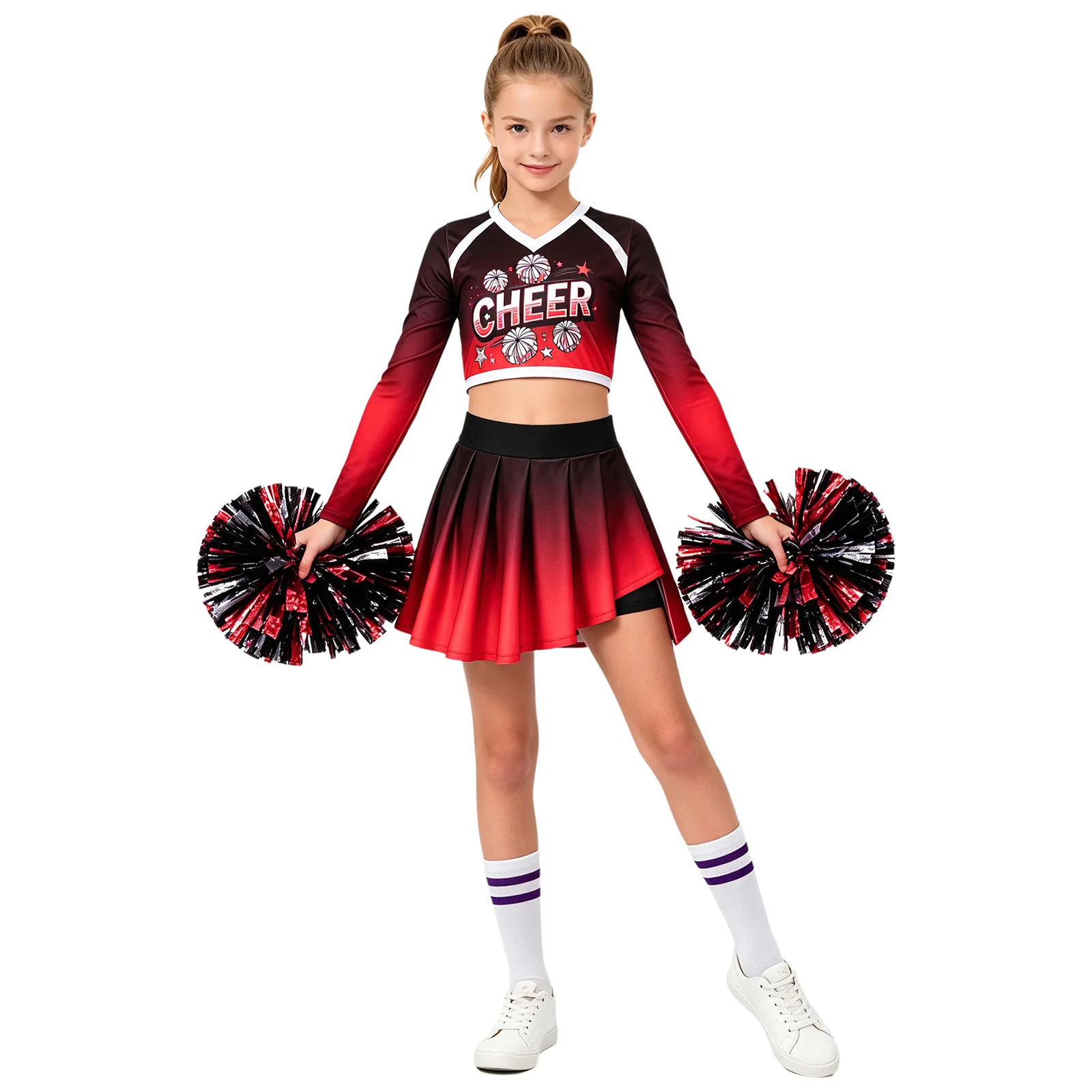 Cheerleader-Kostüm für Mädchen mit Farbverlauf, CHEER-Buchstabendruck, langärmeliges Crop-Top mit V-Ausschnitt, asymmetrischer Rock, Kinder-Cheerleading-Uniform – Detail 7
