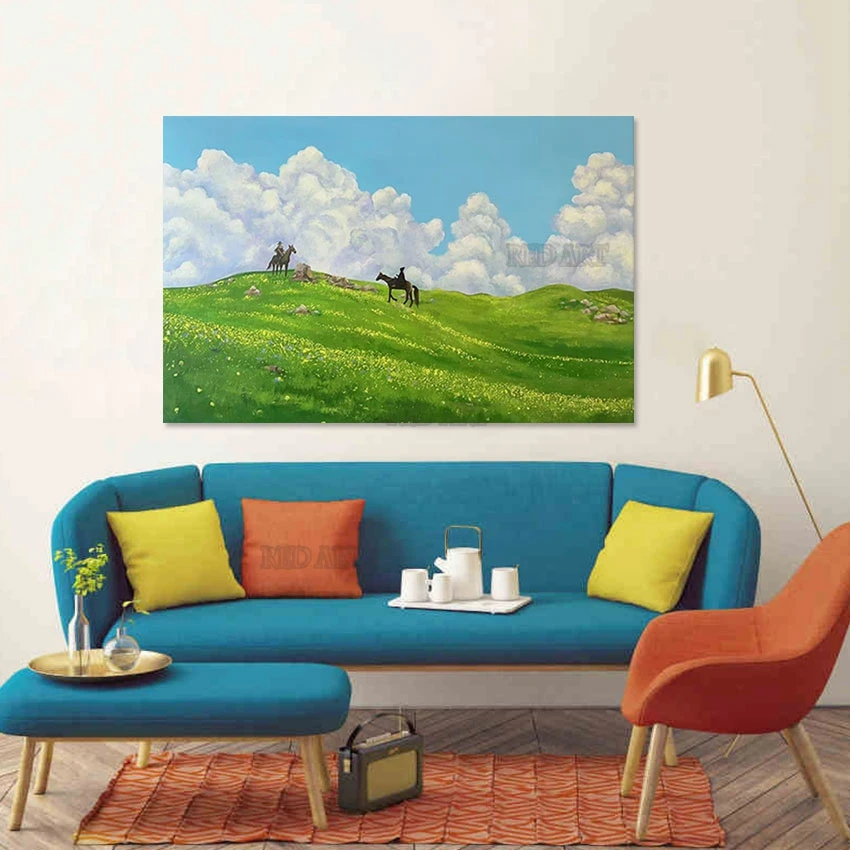 Grassland Landscape People Riding Horses Large Luxury Canvas Pure Handmade Oil Painting Art Hotel Wall Decorative Item Panel