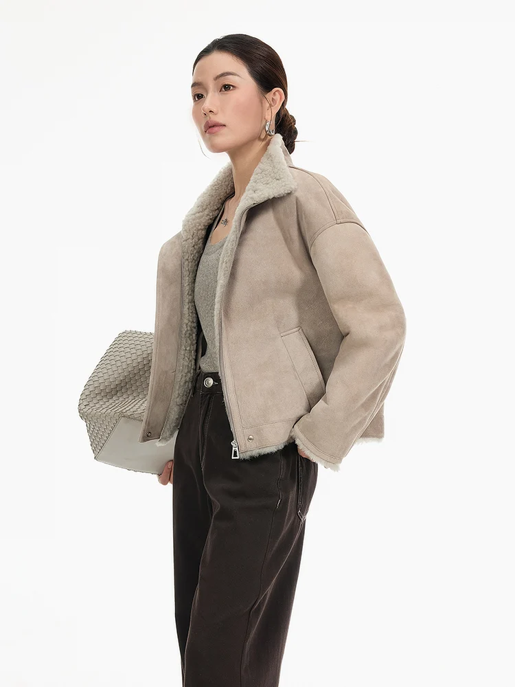 الراقية الفاخرة ميرينو الأغنام الفراء امبسوول سترة للنساء بسيطة الوقوف طوق قصيرة الشتاء جلد طبيعي معطف الفرو الحقيقي من جلد الغزال