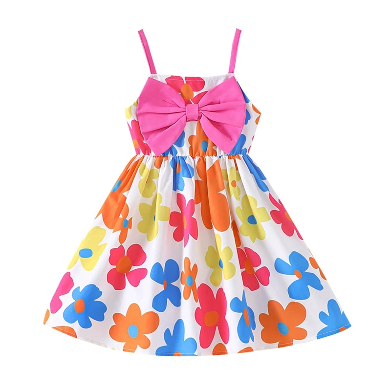 Little Girl Big Bow Dress Floral Print Sleeveless Spaghetti Strap A-Line Dress for Summer