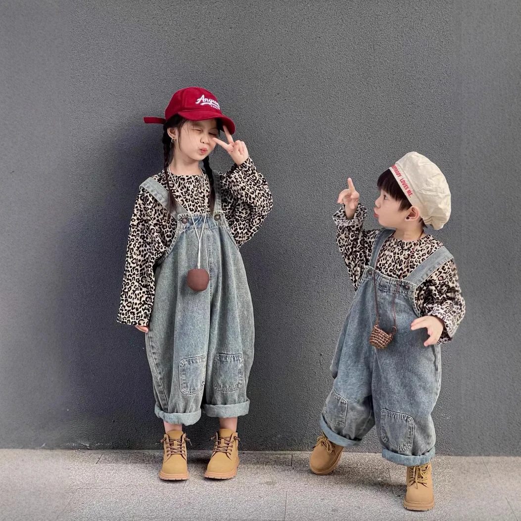 Girls Set 2025 Autumn New Korean Version Leopard Print Loose Bottom Shirt Retro Overalls Two-piece Set Daily Fashion Casual