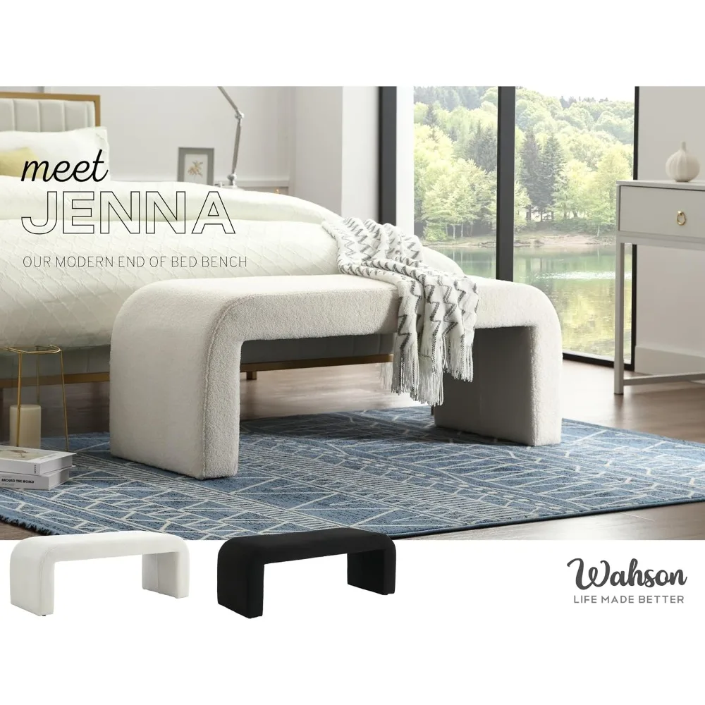 Conjunto de banco Boucle moderno branco de 1, banco retangular de entrada Sherpa, otomano estofado, apoio para os pés do banco interno