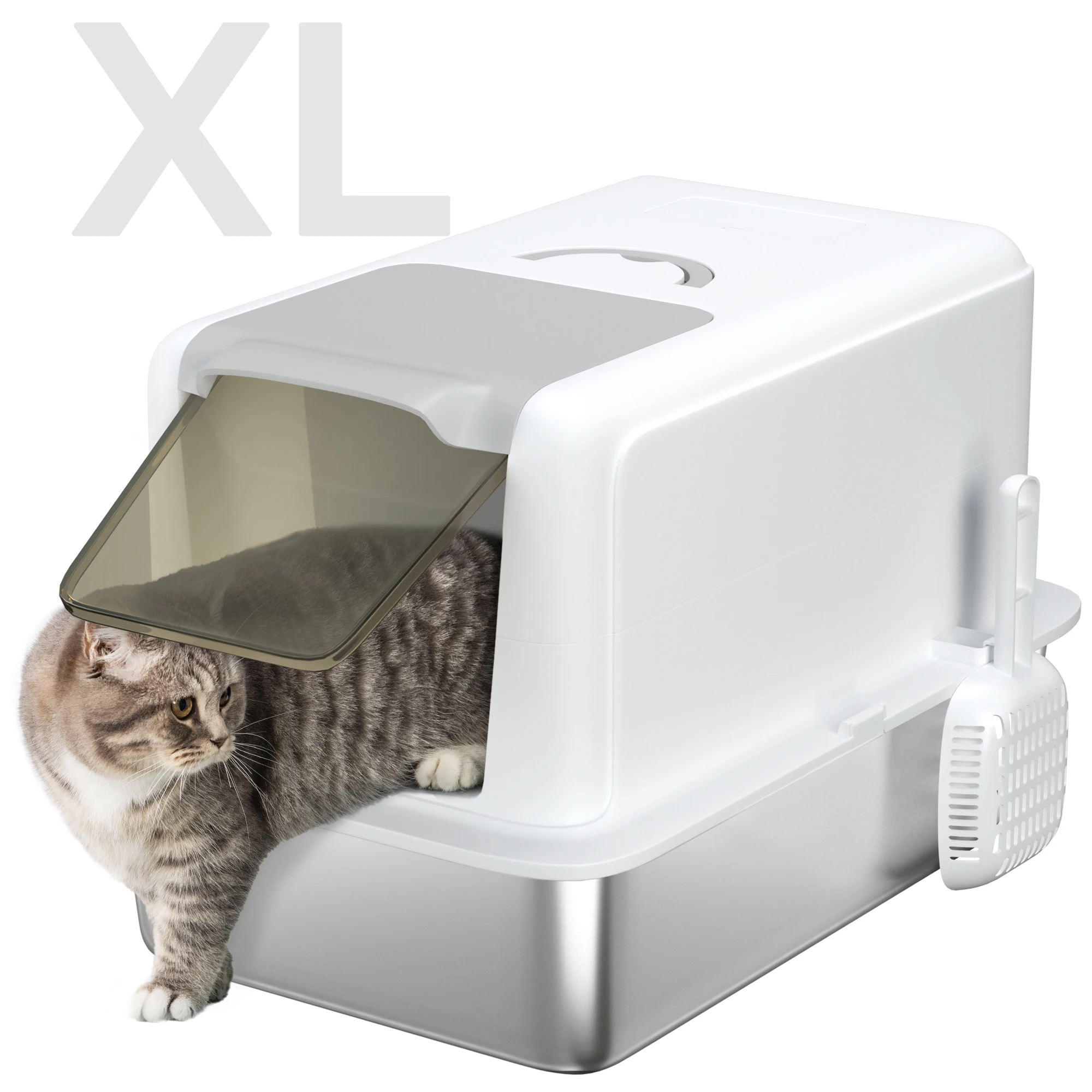 

2 in 1 Stainless Steel Cat Litter Box with Removable Lid, Scoop, Filter Bags, for Small to Large Cats, White