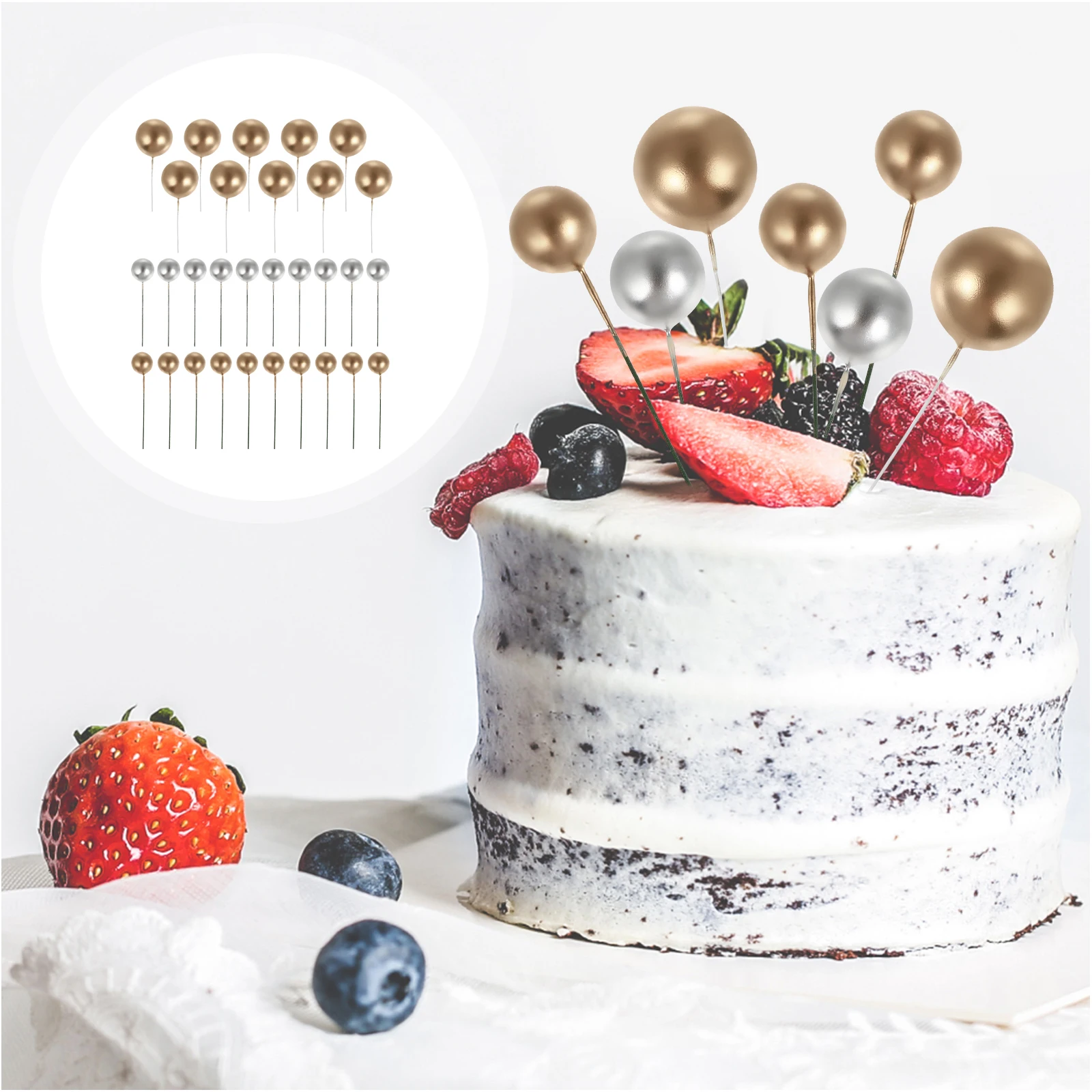 

30pcs Foam Ball Decorations 4cm Golden 2 5cm Silver 2cm Cake Insert Toppers for Birthday Party Wedding Cake Decorations Cupcake