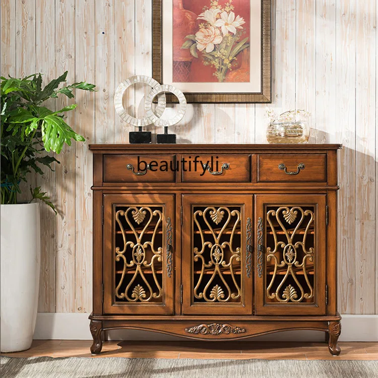 

American rural shoe cabinet retro solid wood hollow multi-layer shoe rack walnut foyer entrance cabinet