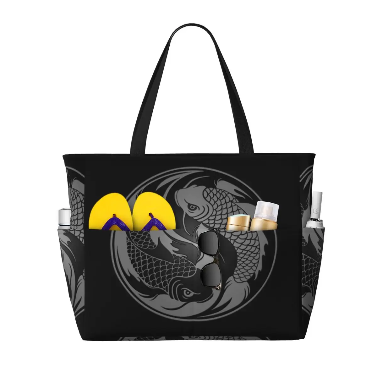 رمادي وأسود يين يانغ كوي الأسماك حقيبة حمل على الشاطئ حقيبة رياضية رياضة اليوغا واق من المطر كبير حمل حقيبة المرأة حقيبة سفر حقيبة اللياقة البدنية