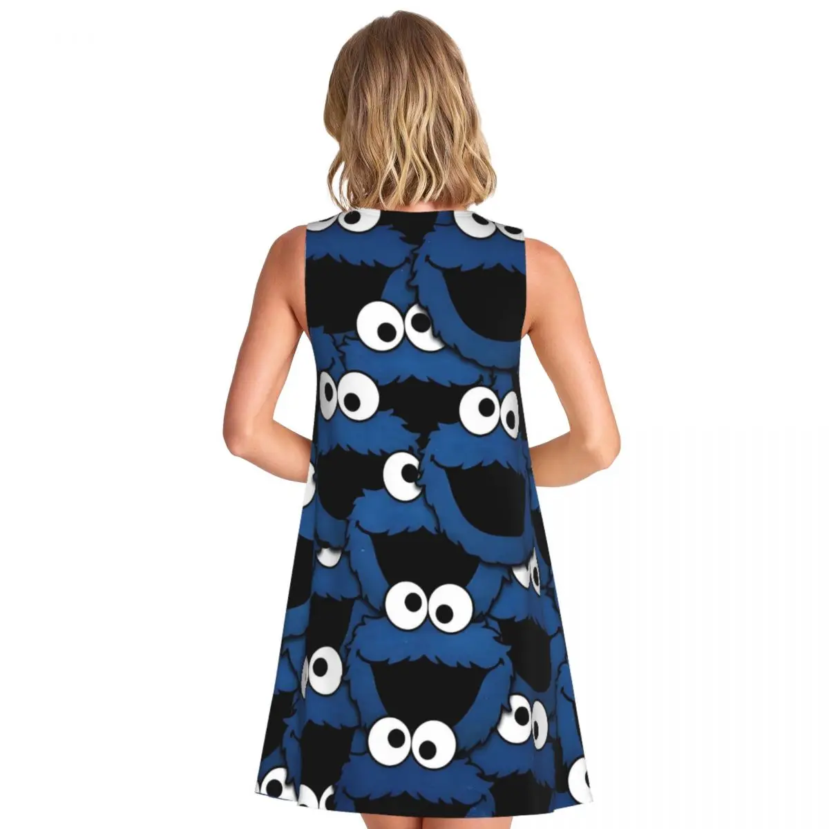 فستان صيفي فضفاض مخصص من كوكي مونستر مع جيب مطبوع للتلفزيون التعليمي للأطفال بدون أكمام #2