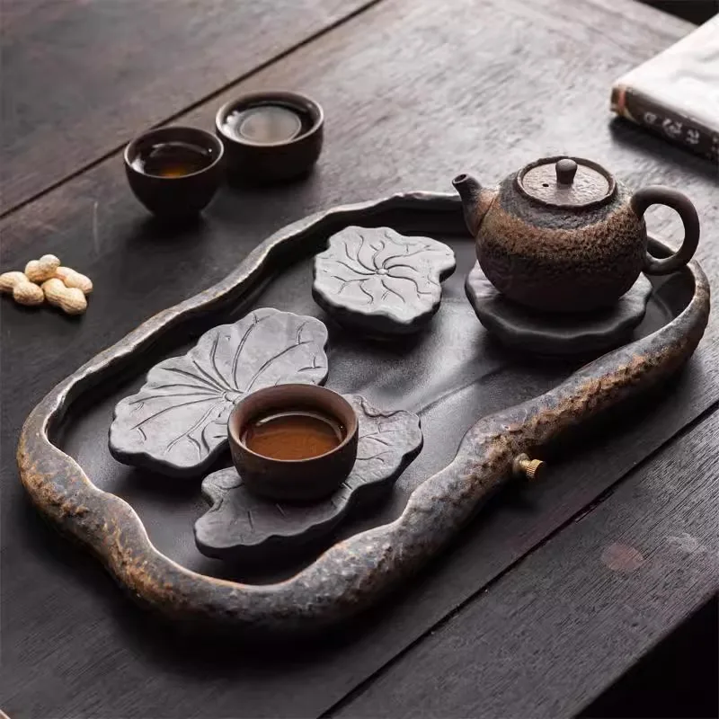 Dry brewing tray Dry brewing table Ceramic water storage tea tray Pot bearing tray Coarse pottery Kung Fu tea set Zen tea table