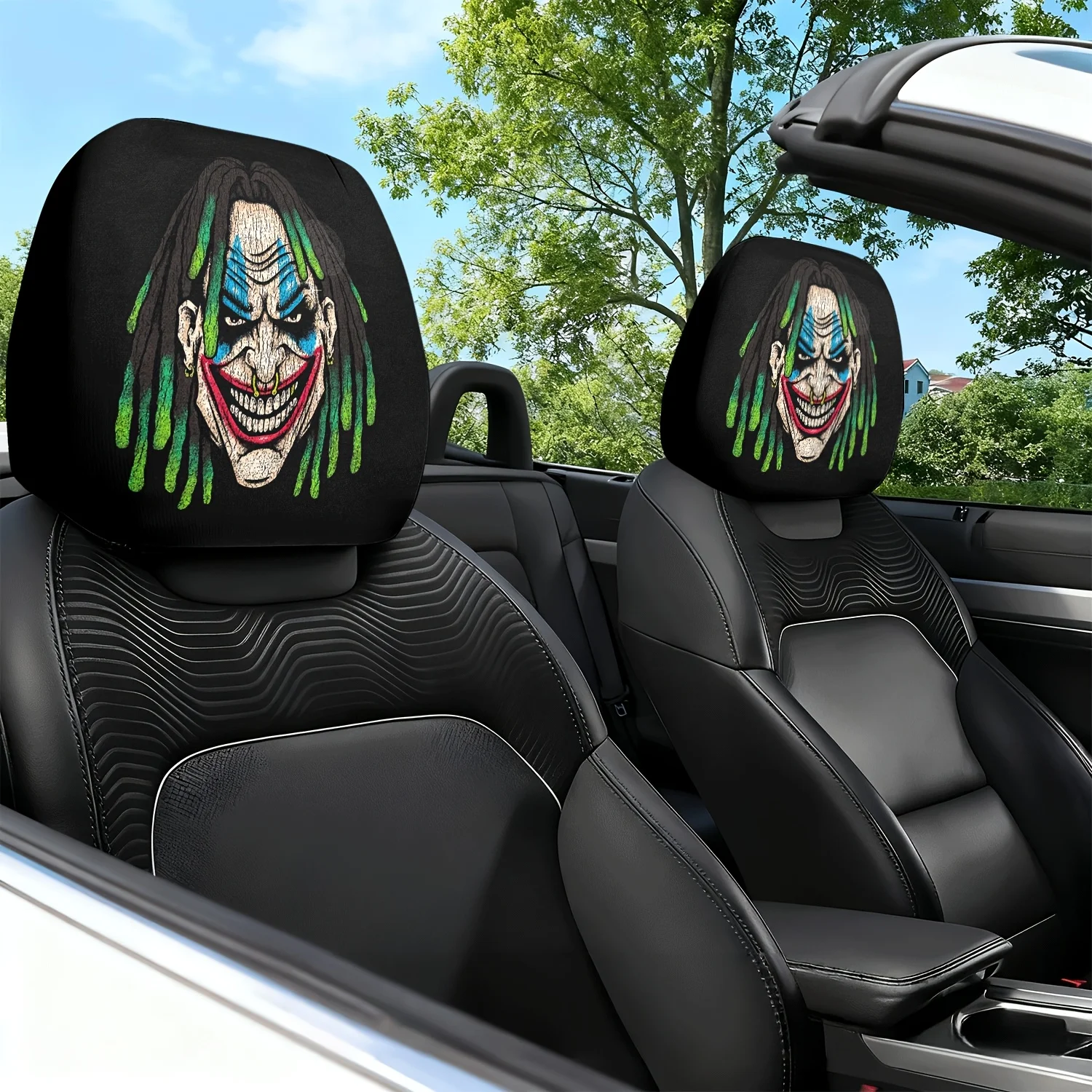 2pcs Car Headrest Covers, Joker Green Hair Maniacal Laugh Themed Print Pattern Car Seat Headrest Neck Pillow Covers - Anti-Sli