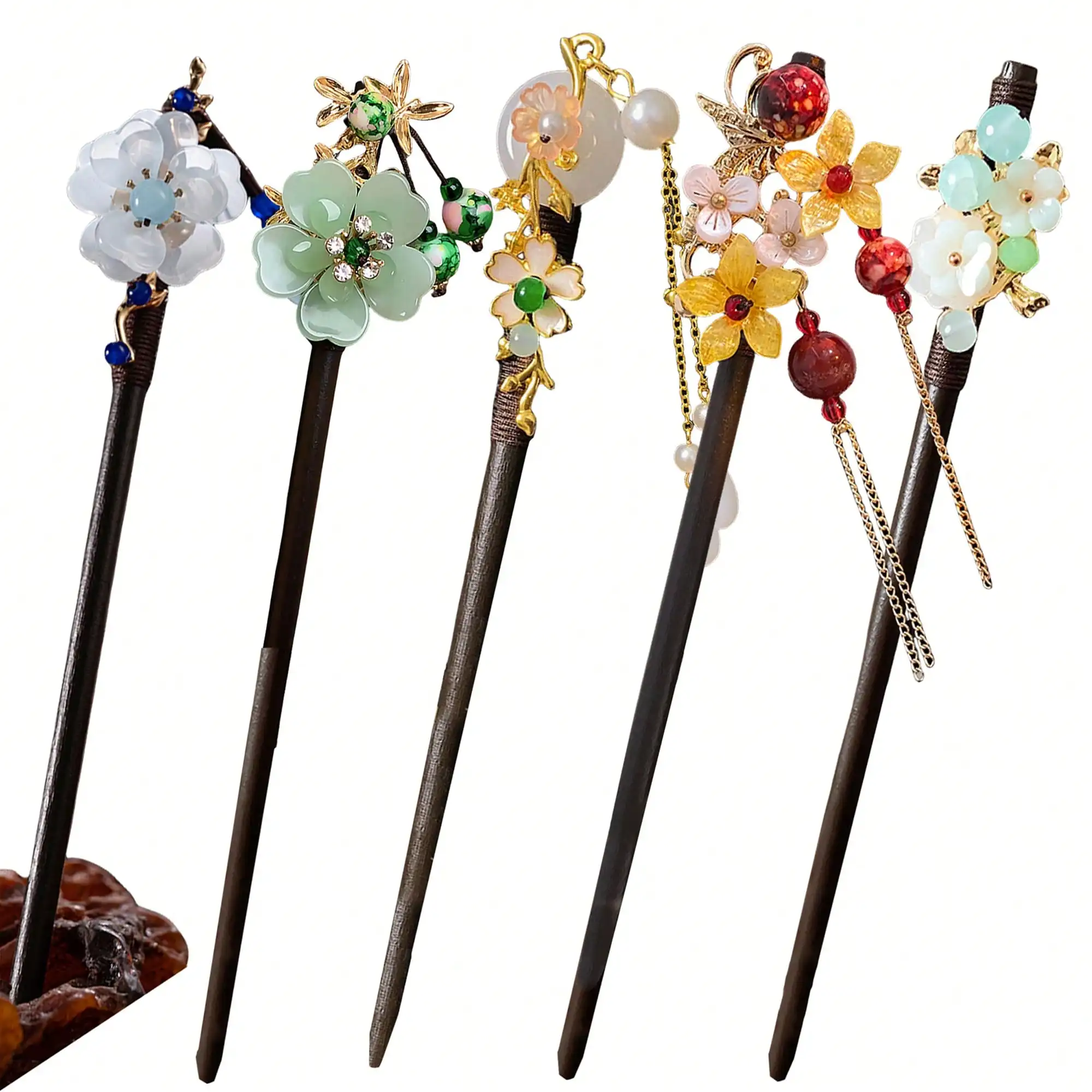 

5-Pack Handmade Floral Wooden Hair Pins - Boho Fairy Core Accessories for Updo/Wedding/Everyday