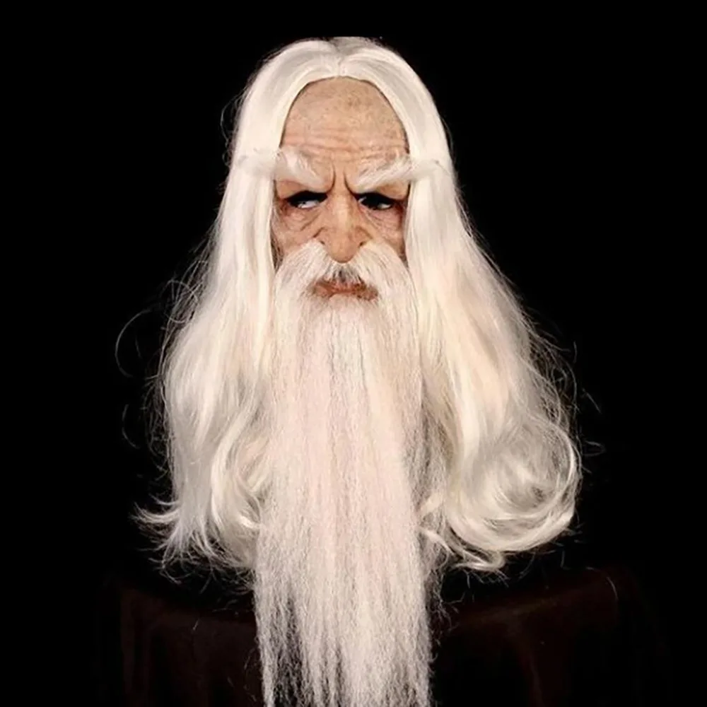 

Funny White Hair Wizard Mask White Beard Grandpa Head Cover Santa Latex Role Play Props Halloween Props Cosplay Bearded Wizard