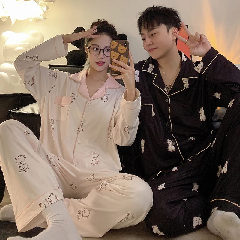 Pajamas Women Pajama Man Set Cotton Plus Size Spring Autumn Long-sleeved Korean Cardigan Casual V-neck Nightwear Couple Pyjamas