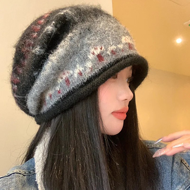 Chapeau empilé à bord bouclé pour femmes, 1 pièce, Style rétro paresseux, Protection chaude des oreilles, chapeau Baotou, automne et hiver