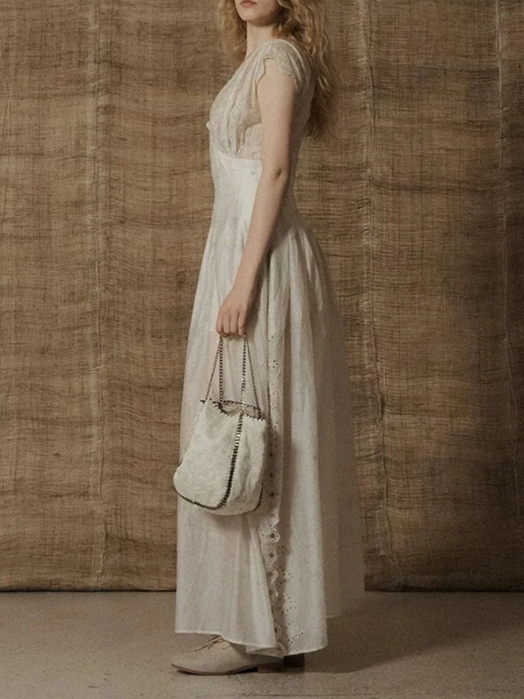 Sexy V Neck Embroidery Hollow Out Long Dress Women Sleeveless Patchwork Slim A-line Dresses Elegant Evening Party Gowns