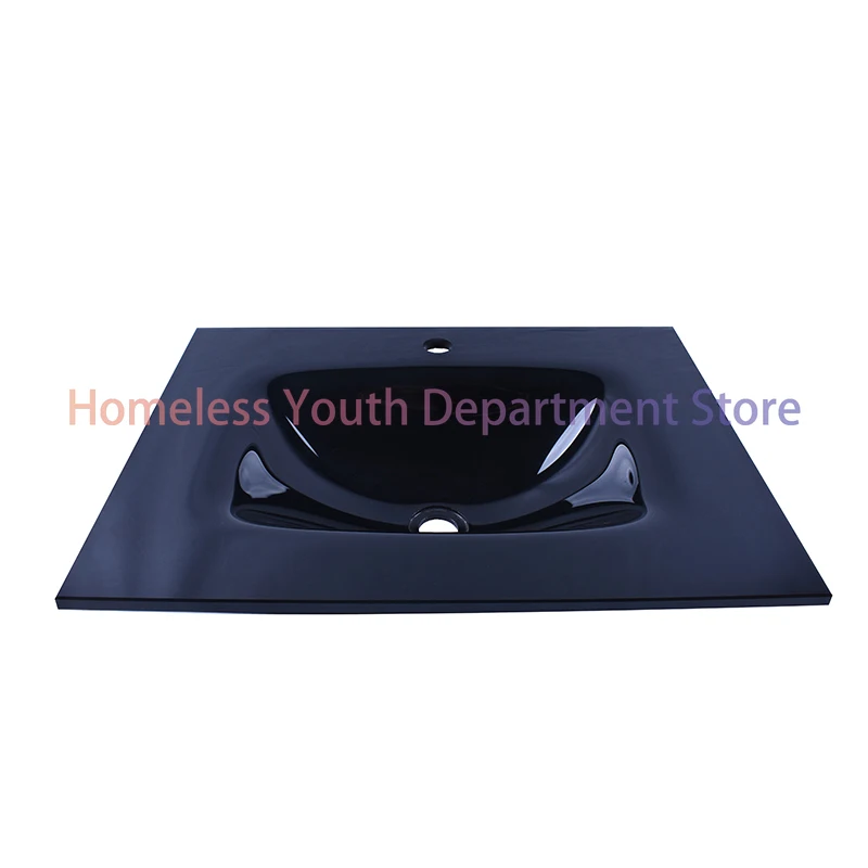 

Hotel restaurant bathroom rectangular black tempered glass integrated sink and countertop