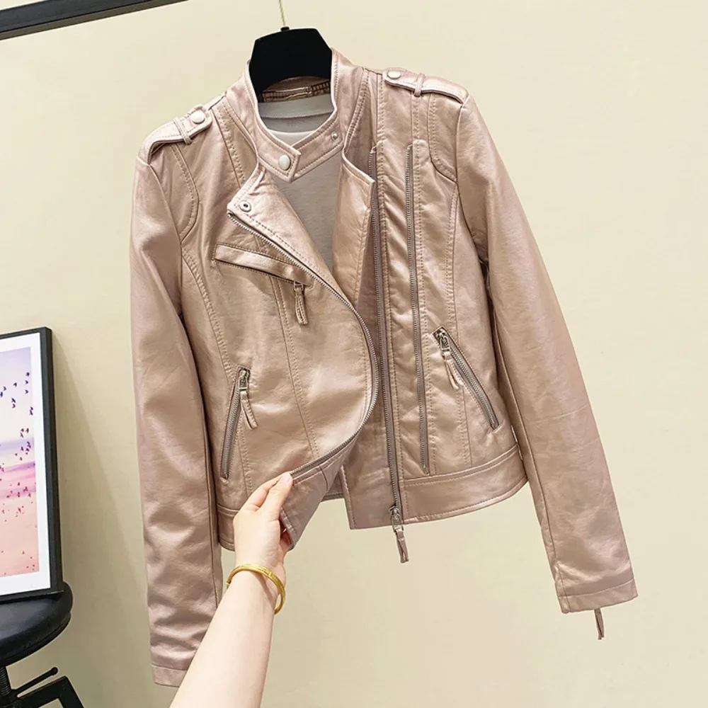 2024 Autumn New European American Ladies Style High Waist Slim Net PU Motorcycle Leather Jacket Women Short Spring Small Coat