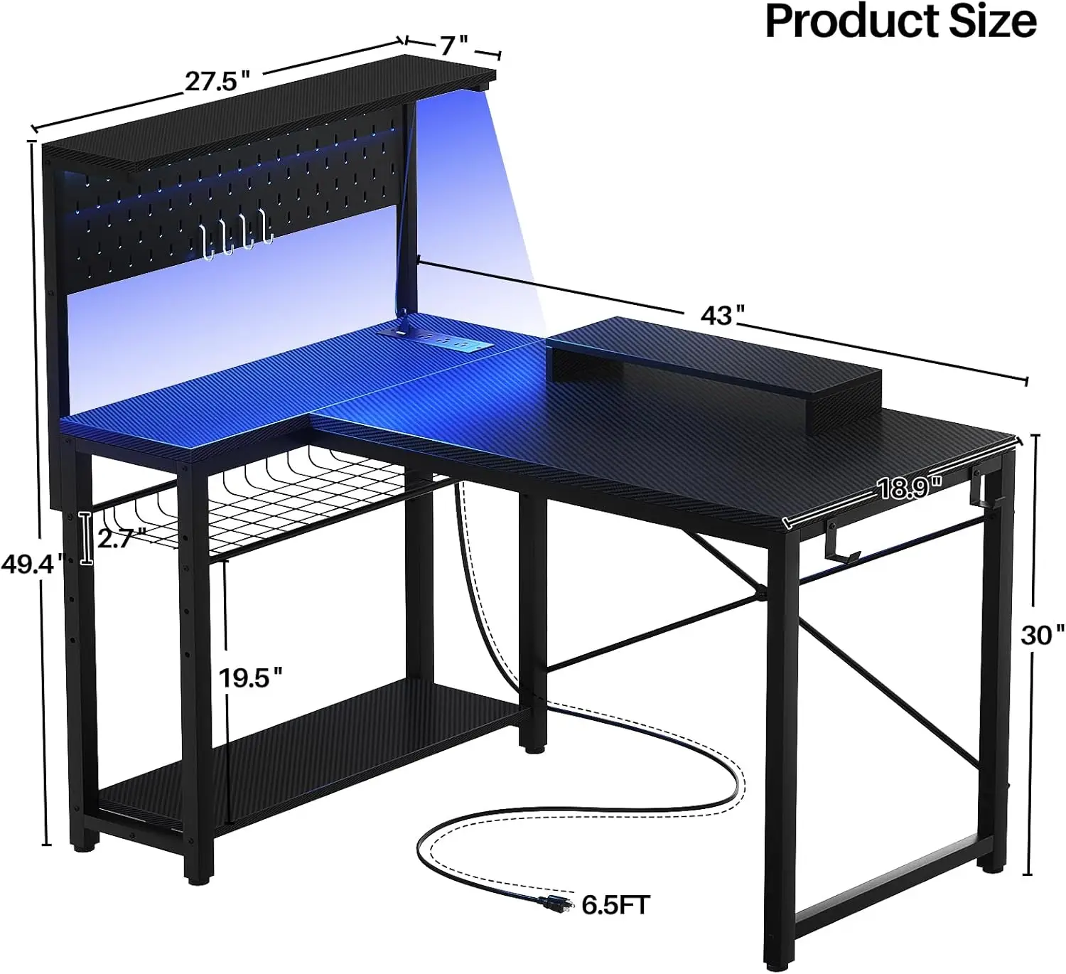 Small Gaming Desk with Power Outlets Pegboard LED Light, 43 Inch L Shaped Computer Desk with Monitor Stand Storage Shelves