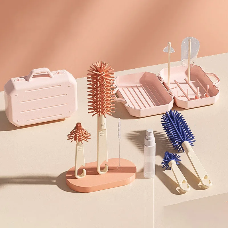 

Multifunctional Detachable Three-In-One Storage Bottle And Nipple Cleaning Brush 360-Degree Long Handle Silicone Baby-Specific